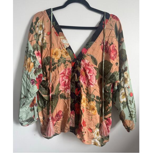 FARM Rio Tops - FARM Rio Floral V Neck Boho Blouse S Tassel Tie Romantic Cottagecore